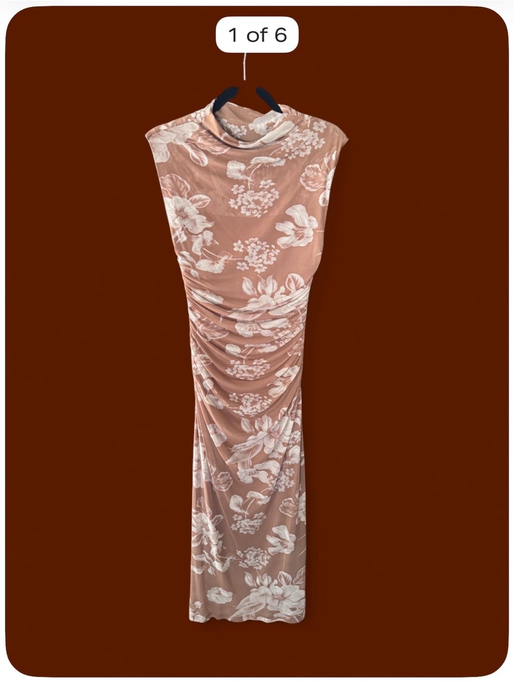 Premier Amour Women’s Floral Ruched Mesh Midi/Maxi Dress Size 8 Brown Beige